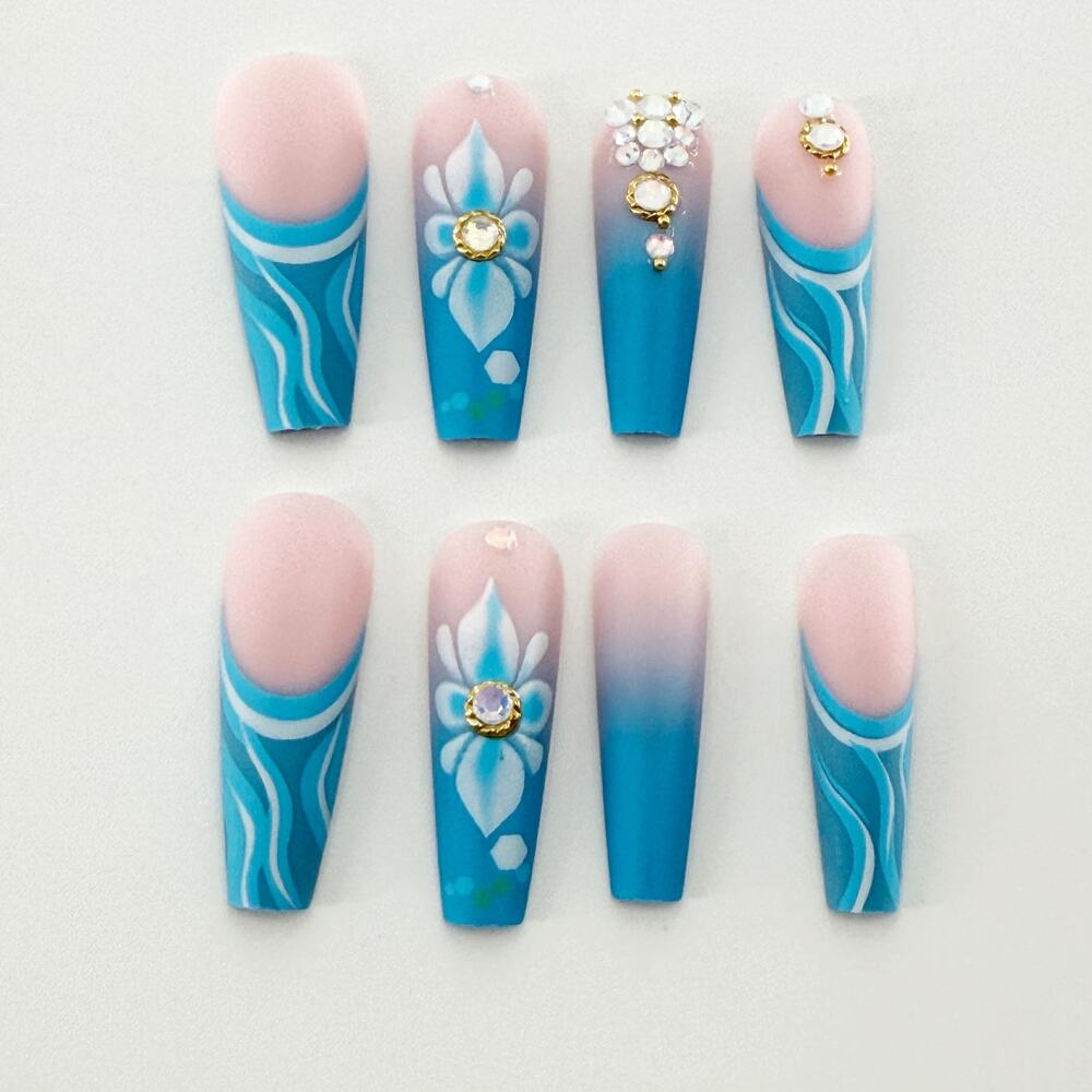 Ocean Blue 3D Beach Nails, Press On Nails Flower, 3D Rhinestone Mermaid Nail Set